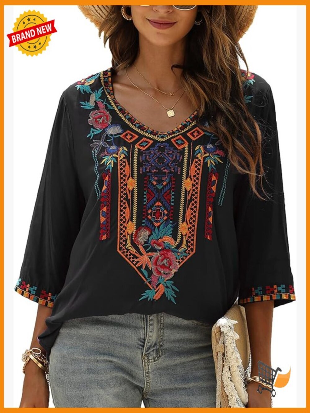 Boho Embroidered Peasant Blouse Tunic Top - 3/4 Sleeve V-Neck